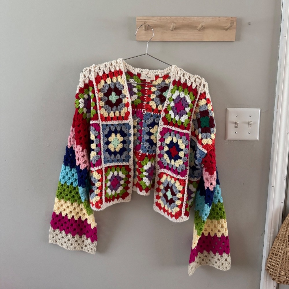 Elan Crochet Granny Square Crop Bell Sleeve Multicolor Open Cardigan Sweater